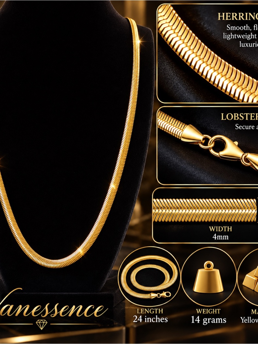 4mm Yellow Gold Herringbone Necklace 24in - Picture 16 of 16